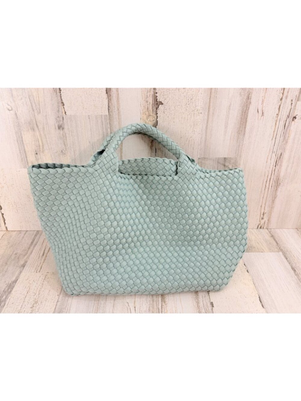 Naghedi St Barths Medium Tote Aqua Green Woven Neoprene with Pouch - Picture 2 of 16